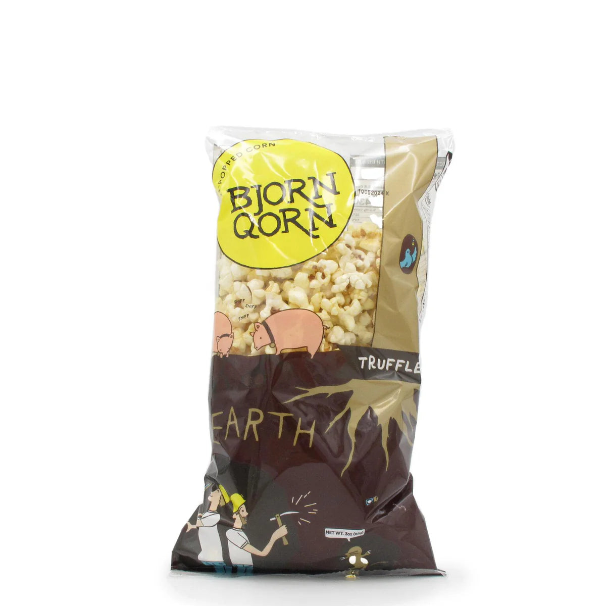 Bag of Bjorn Qorn truffle popcorn on a white background